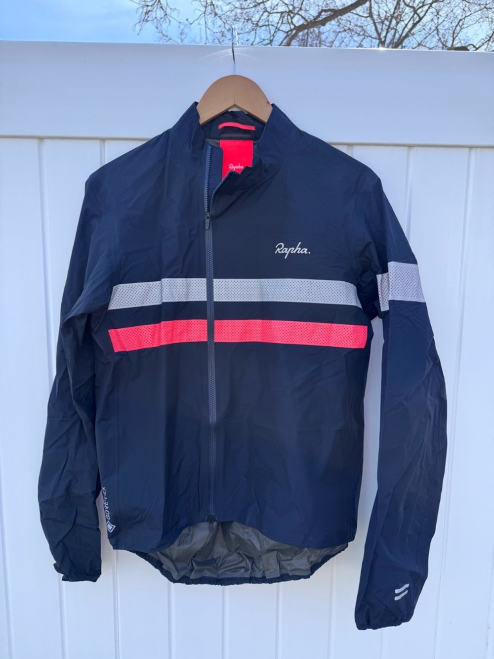 Rapha Black Goretex Shell with Reflective Grey and Pink Stripes